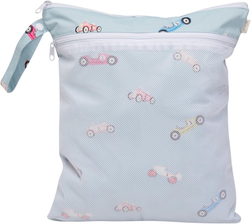 Ali+Oli Water Resistant Dual-Compartment Wet-Dry Bag for Travel, Hook to Stroller, Daycare, Diapers, Diaper Bag, Clutch Bag,15x12 inches (Retro Cars) - Image 2